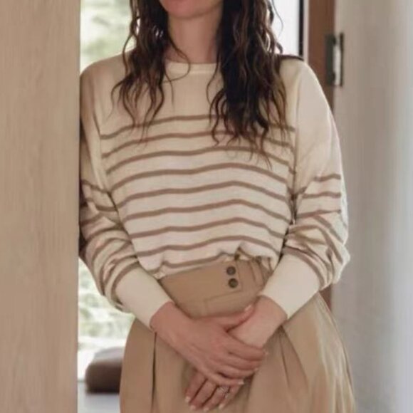 Jenni Kayne Avery Crewneck Sweater XS/S/M Ivory/Oat Stripe Quiet Lux